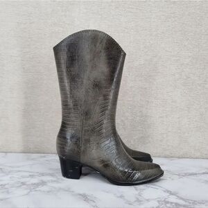 Andrew Geller Vintage Gray Lizard Embossed Heeled Rubber Rain Boots